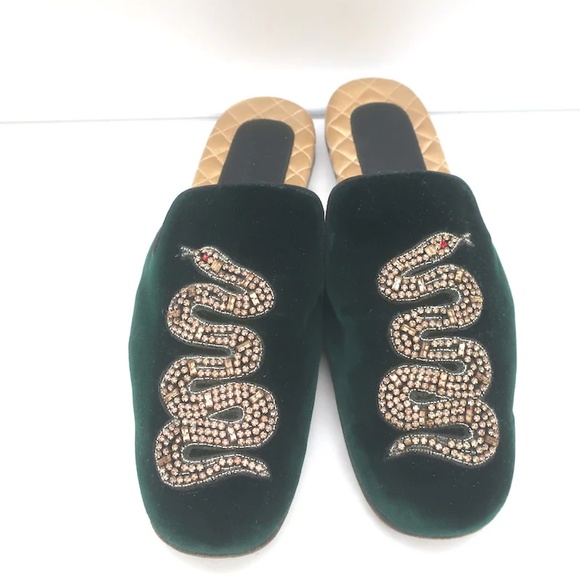 GUCCI LAWRENCE CRYSTAL SNAKE-EMBELLISHED SLIPPER MULES EMERALD VELVET SIZE 7 - Picture 1 of 5